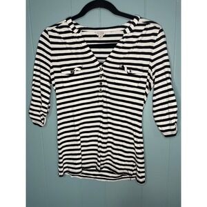 Guess Striped Henley Top Womens Small Black White Excellent 3/4 Sleeve V-Neck